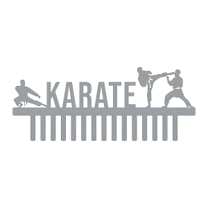 A laser-cut steel wall hanger featuring the word 'KARATE' with three karate figures in action. One figure is performing a high kick, another is in a low stance, and the third is in a defensive position. Below the word is a set of vertical bars for hanging items, set against a black background.